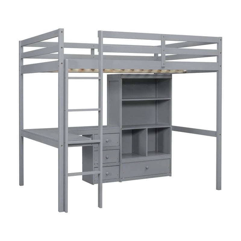 Full Size Loft Bed with Bulit-in L-Shaped Desk and 4 Storage Drawers, Wooden Loft Bedframe with Open Storage Shelves