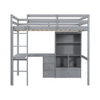 Full Size Loft Bed with Bulit-in L-Shaped Desk and 4 Storage Drawers, Wooden Loft Bedframe with Open Storage Shelves