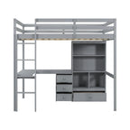 Full Size Loft Bed with Bulit-in L-Shaped Desk and 4 Storage Drawers, Wooden Loft Bedframe with Open Storage Shelves
