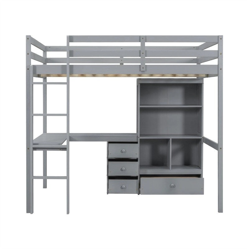 Full Size Loft Bed with Bulit-in L-Shaped Desk and 4 Storage Drawers, Wooden Loft Bedframe with Open Storage Shelves