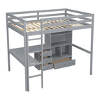 Full Size Loft Bed with Bulit-in L-Shaped Desk and 4 Storage Drawers, Wooden Loft Bedframe with Open Storage Shelves
