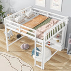 Full Size Loft Bed with Open Storage Shelves and Built-in Ladder