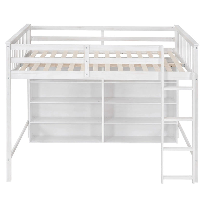 Full Size Loft Bed with Open Storage Shelves and Built-in Ladder