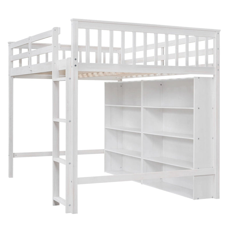 Full Size Loft Bed with Open Storage Shelves and Built-in Ladder