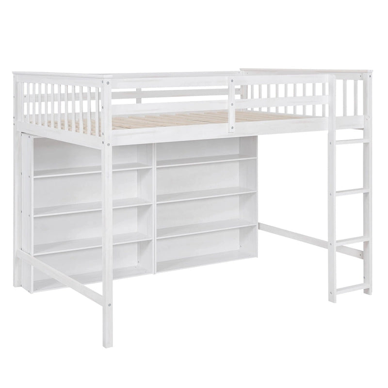 Full Size Loft Bed with Open Storage Shelves and Built-in Ladder