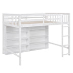 Full Size Loft Bed with Open Storage Shelves and Built-in Ladder