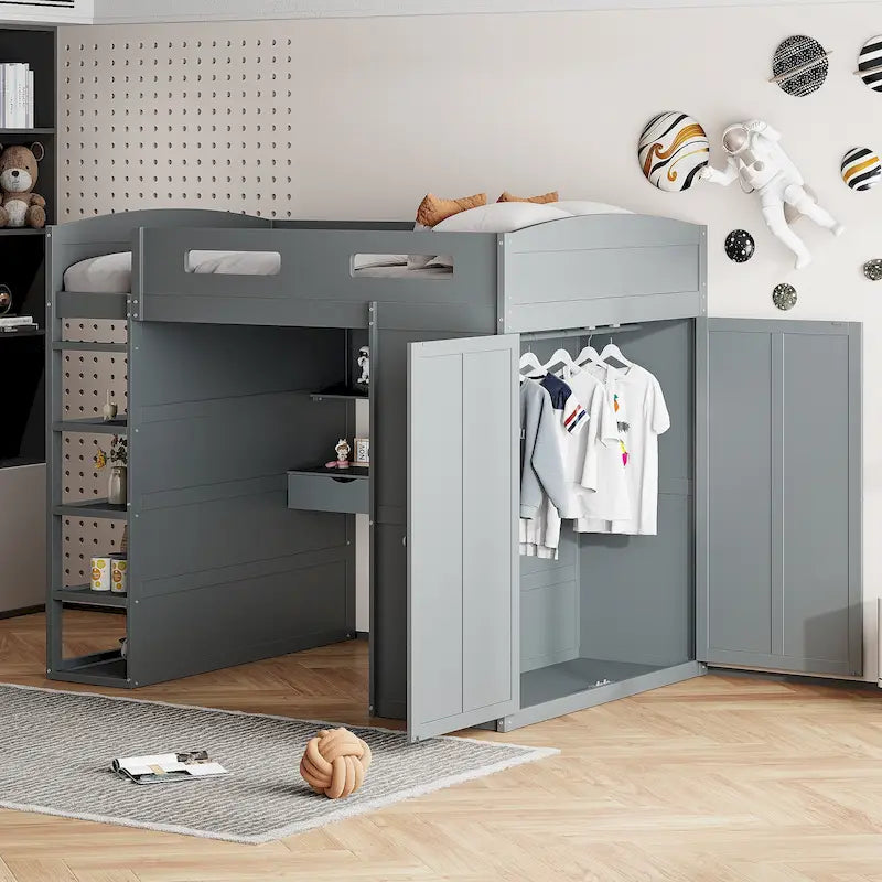 Full Size Loft Bed with Desk, Wardrobes, 4 Drawers and 4 Shelves-White