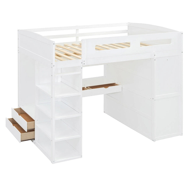Full Size Loft Bed with Desk, Wardrobes, 4 Drawers and 4 Shelves-White