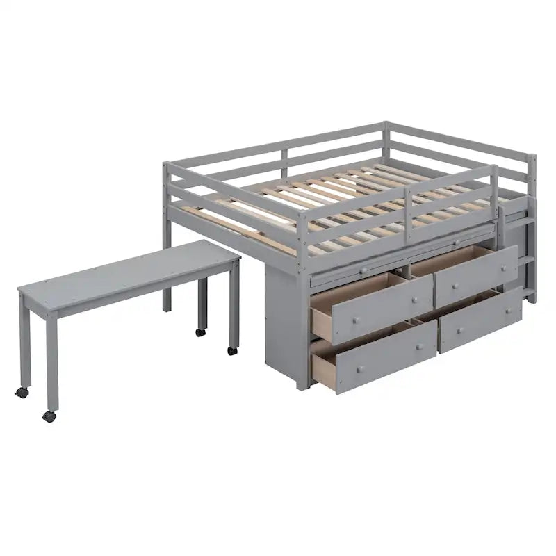 Full Size Loft Bed w/ Retractable Writing Desk & 4 Drawers, Wooden Loft Bed w/ Lateral Portabhite