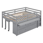Full Size Loft Bed w/ Retractable Writing Desk & 4 Drawers, Wooden Loft Bed w/ Lateral Portabhite