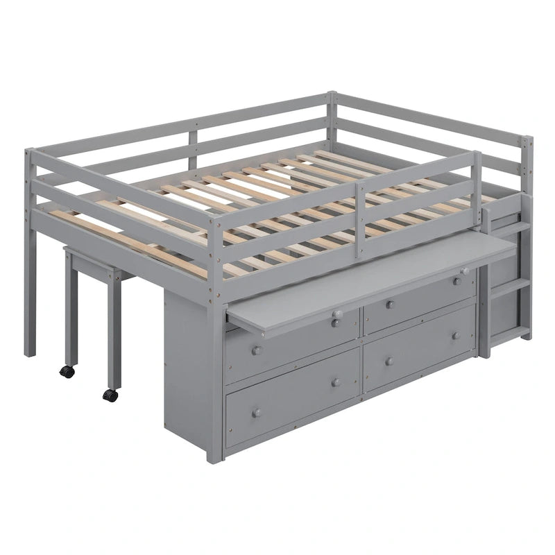 Full Size Loft Bed w/ Retractable Writing Desk & 4 Drawers, Wooden Loft Bed w/ Lateral Portabhite