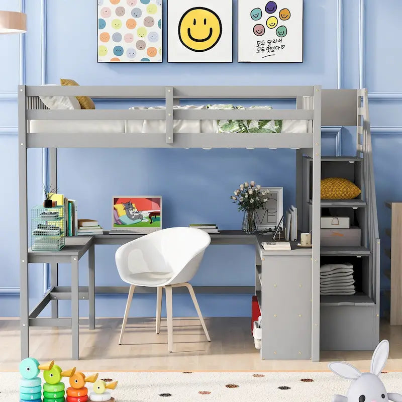 Full Size Loft Bed with Built-in L-Shaped Desk & Three-Tier Storage Shelves & Attached Storage Staircase, White