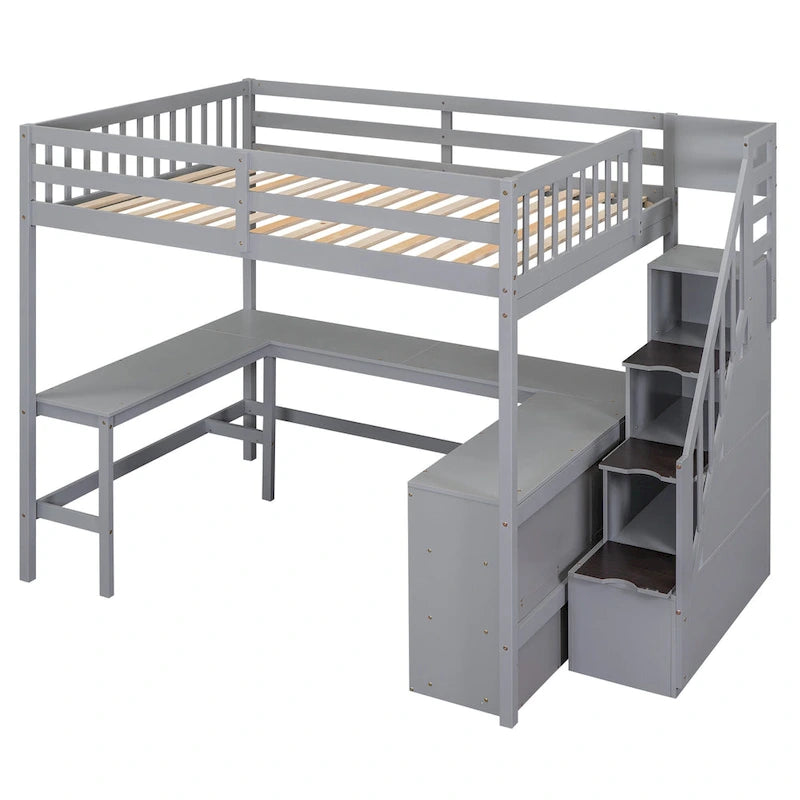Full Size Loft Bed with Built-in L-Shaped Desk & Three-Tier Storage Shelves & Attached Storage Staircase, White