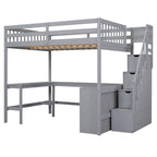 Full Size Loft Bed with Built-in L-Shaped Desk & Three-Tier Storage Shelves & Attached Storage Staircase, White