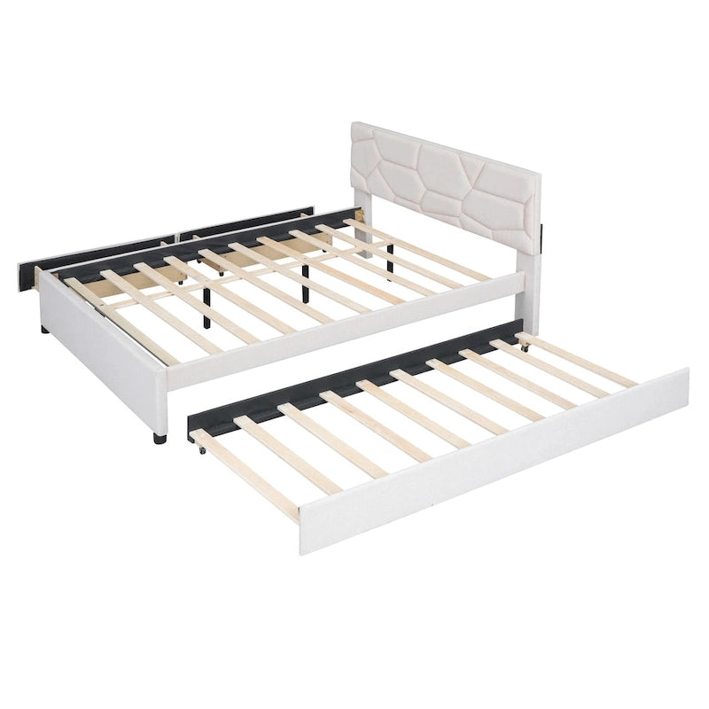 Brick Pattern Headboard Bed Frame Linen Fabric Upholstered Platform Bed, Wood Panel Bed wTrundle Bed & 2 Drawers,Low Profile Bed