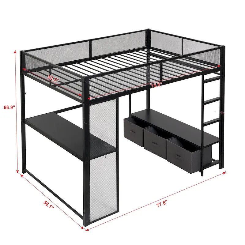 Full Size Metal Gaming Loft Bed with 16-Color LED, Study Desk & 3 Storage Drawers (400lb Capacity)
