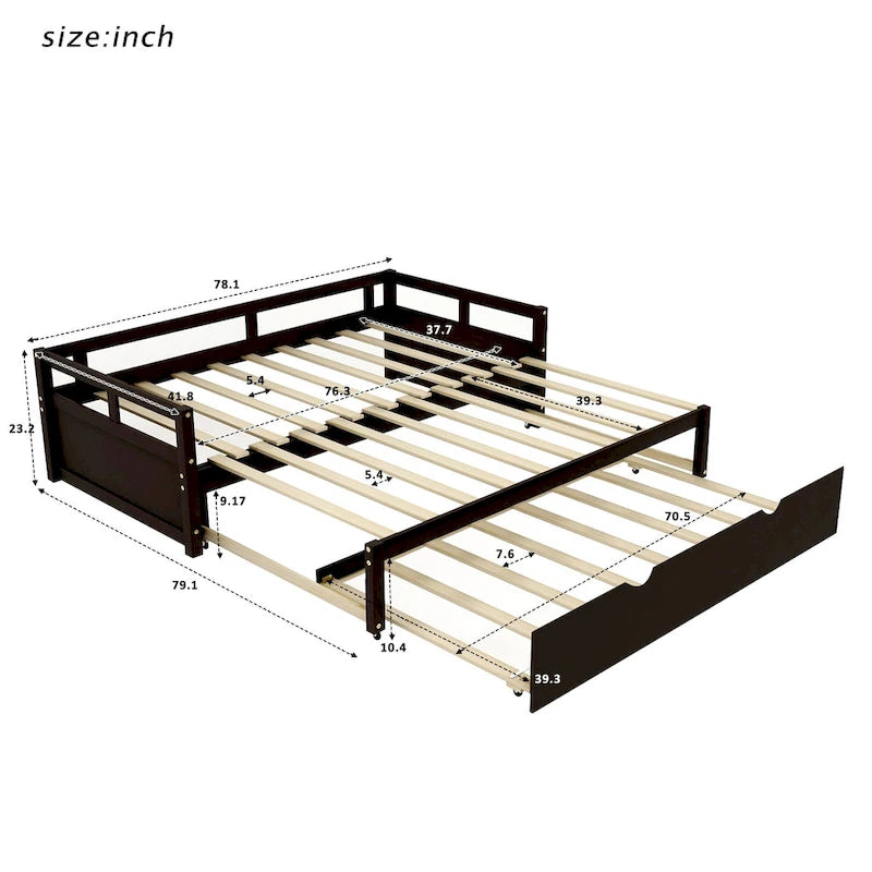 Black Pine Wood Twin Size Daybed with Trundle and Slat Kit - Elegant Design