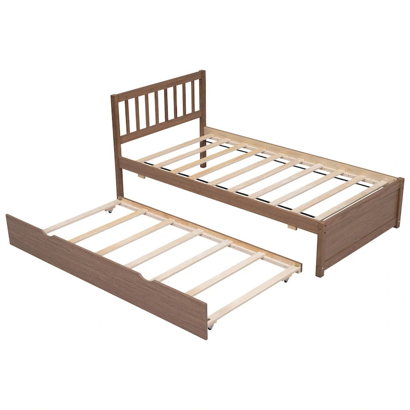 Brown Walnut Rubberwood Twin Size Platform Bed Frame with Trundle, Modern Design, No Box Spring Needed