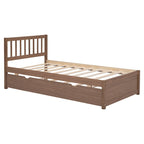 Brown Walnut Rubberwood Twin Size Platform Bed Frame with Trundle, Modern Design, No Box Spring Needed