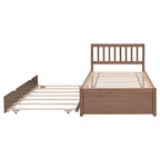 Brown Walnut Rubberwood Twin Size Platform Bed Frame with Trundle, Modern Design, No Box Spring Needed