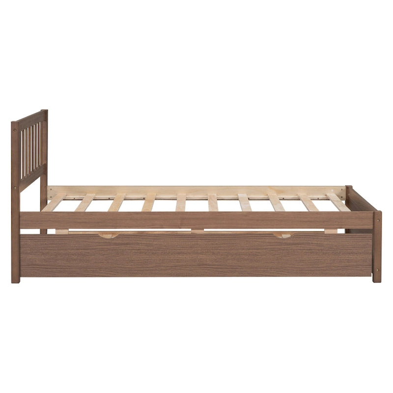 Brown Walnut Rubberwood Twin Size Platform Bed Frame with Trundle, Modern Design, No Box Spring Needed