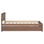 Brown Walnut Rubberwood Twin Size Platform Bed Frame with Trundle, Modern Design, No Box Spring Needed