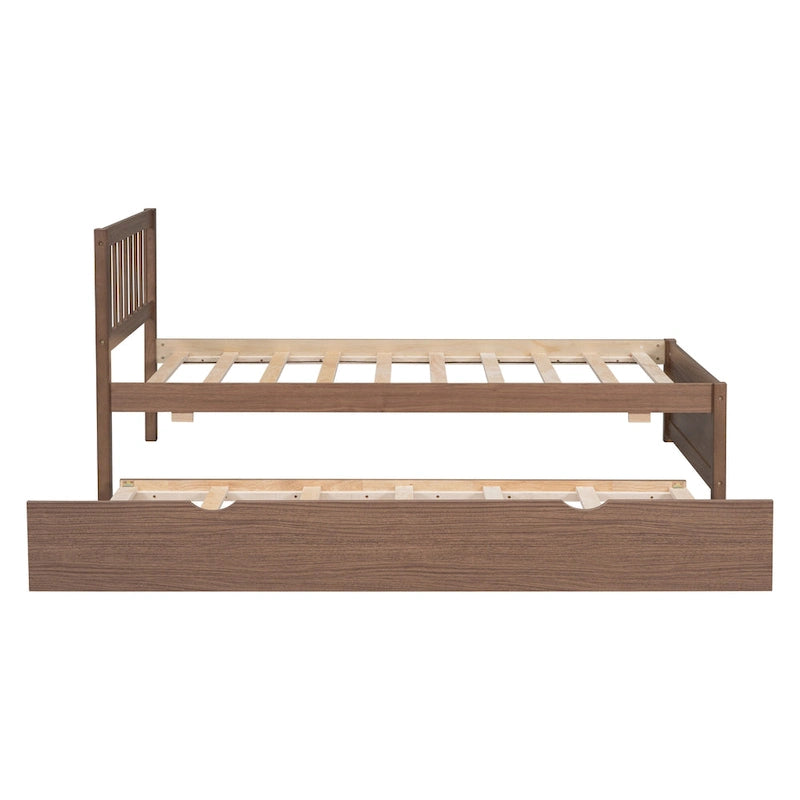 Brown Walnut Rubberwood Twin Size Platform Bed Frame with Trundle, Modern Design, No Box Spring Needed