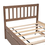 Brown Walnut Rubberwood Twin Size Platform Bed Frame with Trundle, Modern Design, No Box Spring Needed
