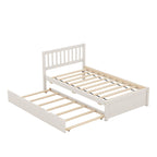 White Walnut Rubberwood Twin Size Platform Bed Frame with Trundle, Modern Design, No Box Spring Needed
