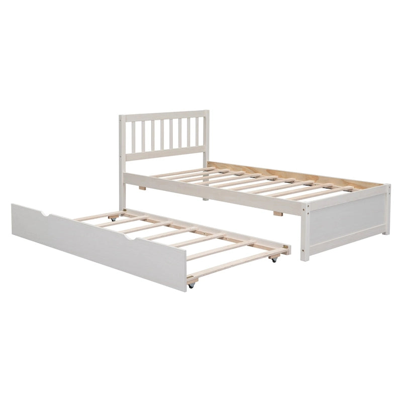 White Walnut Rubberwood Twin Size Platform Bed Frame with Trundle, Modern Design, No Box Spring Needed