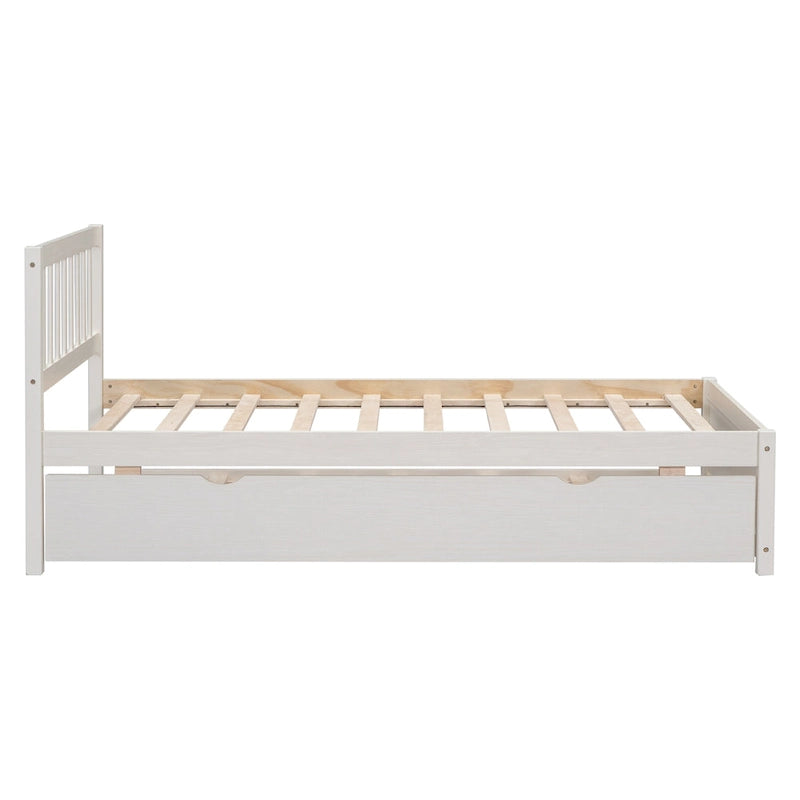 White Walnut Rubberwood Twin Size Platform Bed Frame with Trundle, Modern Design, No Box Spring Needed