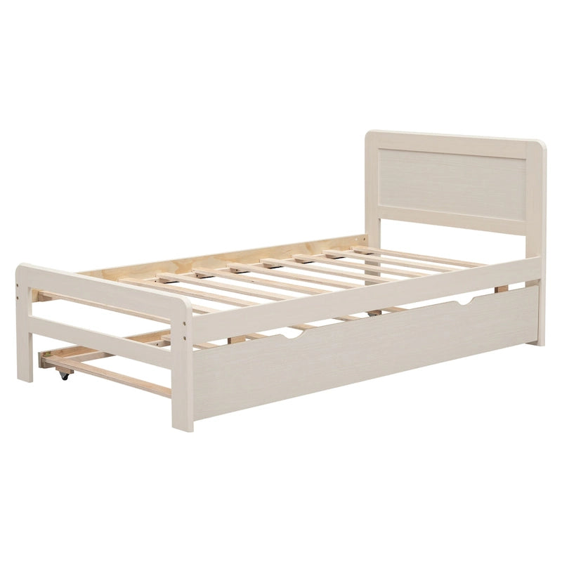 White Twin Platform Bed Frame in Solid Wood with Trundle and Modern Wood Headboard