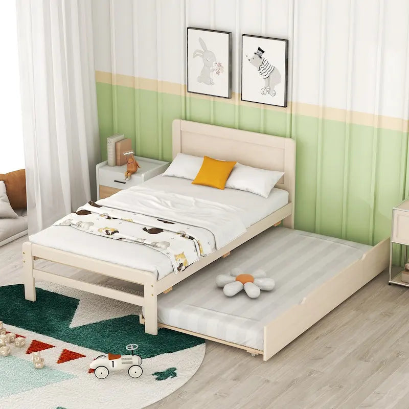 White Solid Wood Twin Platform Bed Frame with Trundle and Modern Wood Headboard