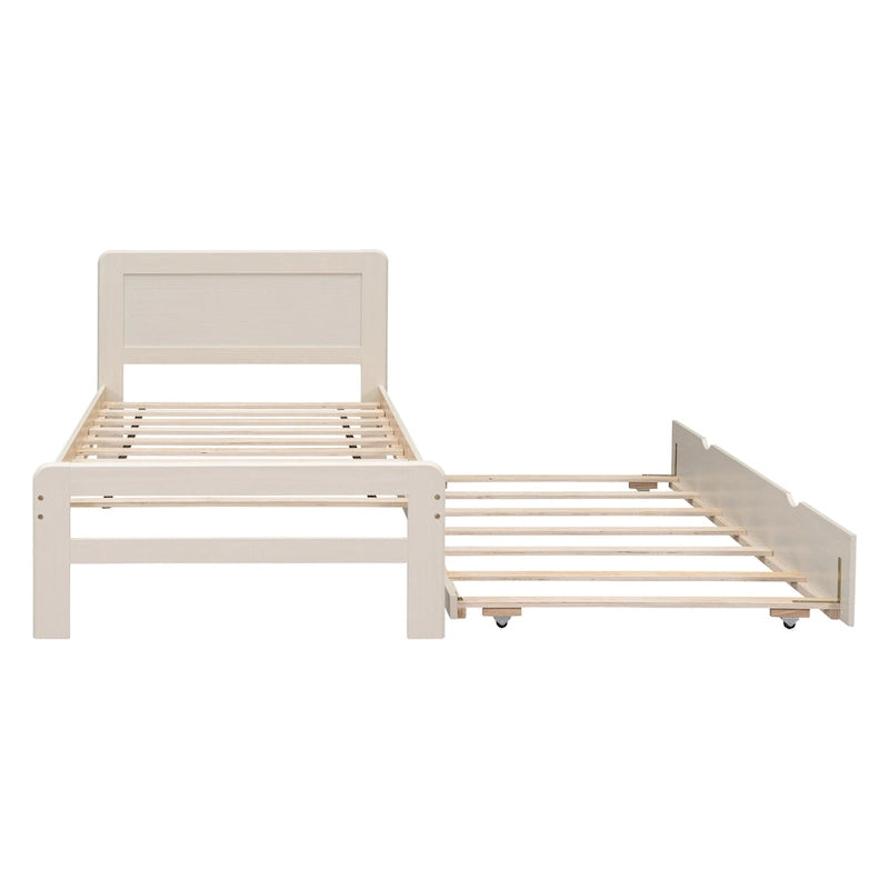 White Solid Wood Twin Platform Bed Frame with Trundle and Modern Wood Headboard