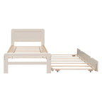White Solid Wood Twin Platform Bed Frame with Trundle and Modern Wood Headboard