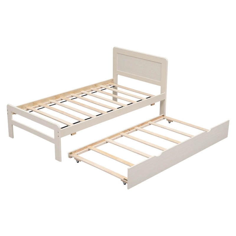 White Solid Wood Twin Platform Bed Frame with Trundle and Modern Wood Headboard