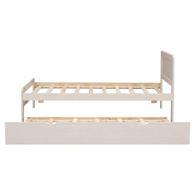 White Solid Wood Twin Platform Bed Frame with Trundle and Modern Wood Headboard