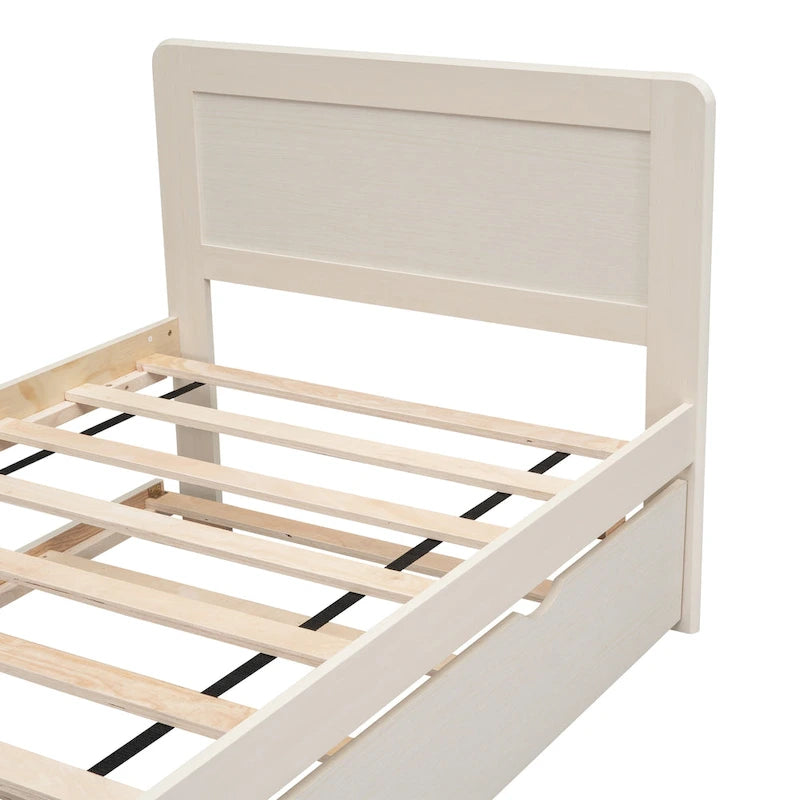White Solid Wood Twin Platform Bed Frame with Trundle and Modern Wood Headboard