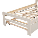 White Solid Wood Twin Platform Bed Frame with Trundle and Modern Wood Headboard