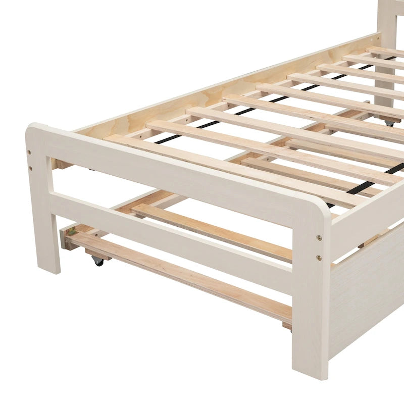 White Solid Wood Twin Platform Bed Frame with Trundle and Modern Wood Headboard