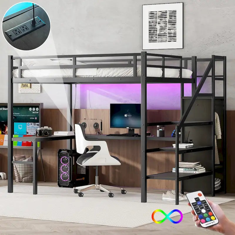 Black Full XL Size Metal Loft Bed with L-shaped Desk and USB, Wardrobe and Adjustable Shelf, LED for Kids, Teens, Adults