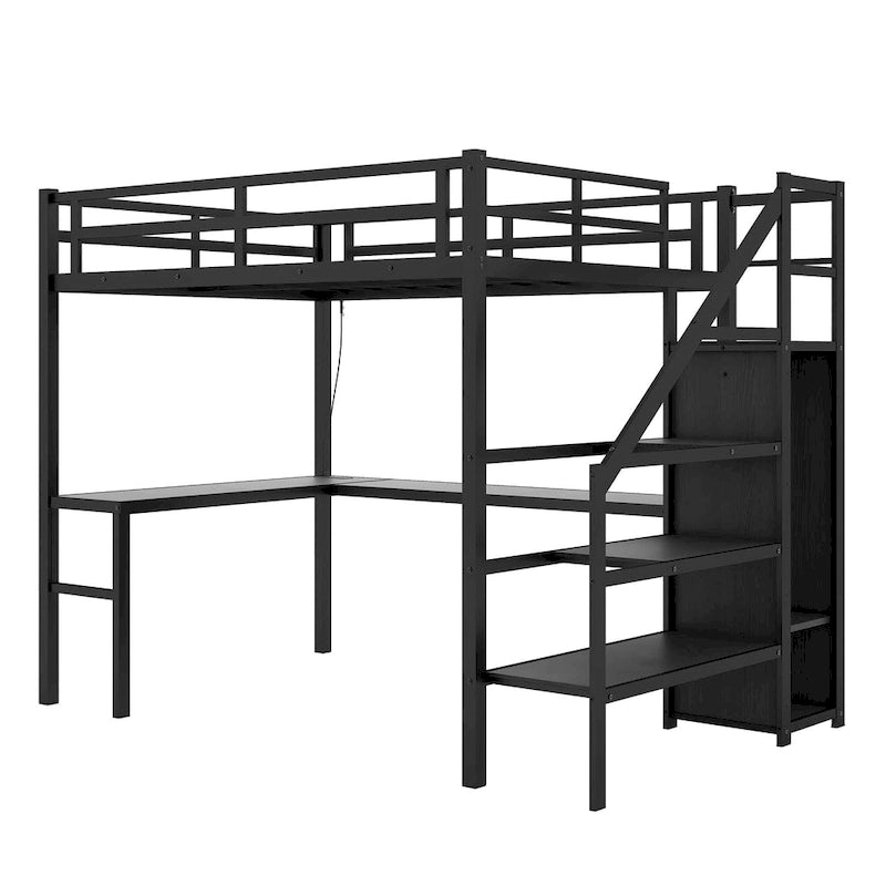 Black Full XL Size Metal Loft Bed with L-shaped Desk and USB, Wardrobe and Adjustable Shelf, LED for Kids, Teens, Adults