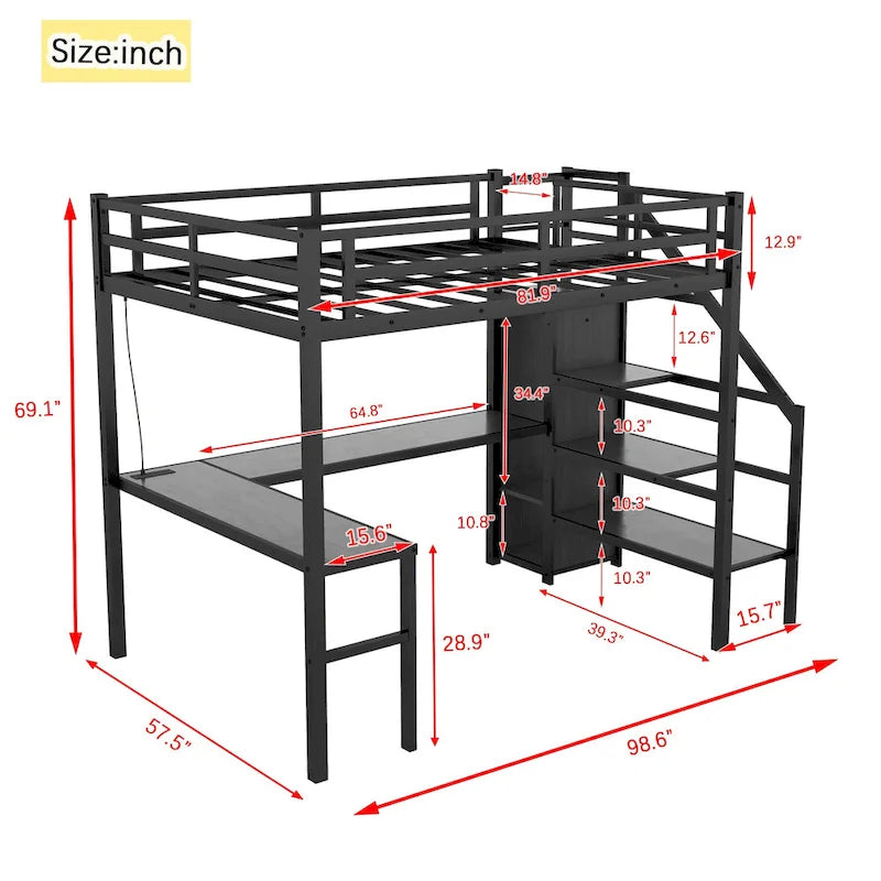 Black Full XL Size Metal Loft Bed with L-shaped Desk and USB, Wardrobe and Adjustable Shelf, LED for Kids, Teens, Adults