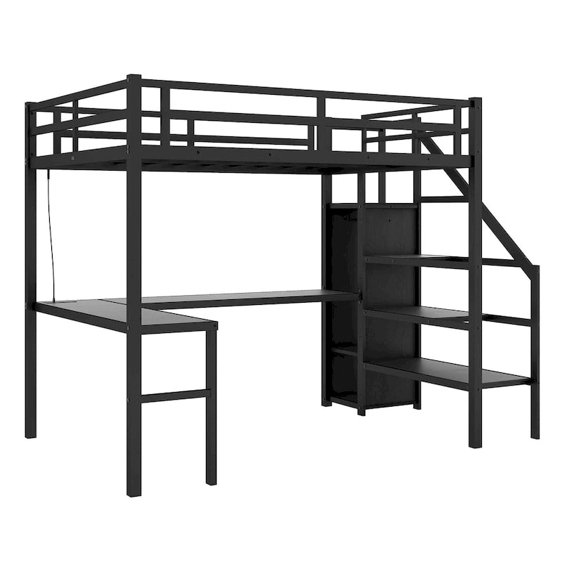 Black Full XL Size Metal Loft Bed with L-shaped Desk and USB, Wardrobe and Adjustable Shelf, LED for Kids, Teens, Adults