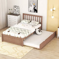 Brown Walnut Wooden Twin Platform Bed with Trundle and Fence Headboard - Modern Space-Saving Design