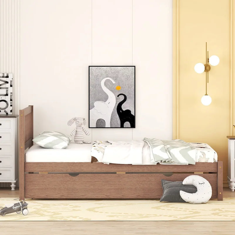 Brown Walnut Wooden Twin Platform Bed with Trundle and Fence Headboard - Modern Space-Saving Design