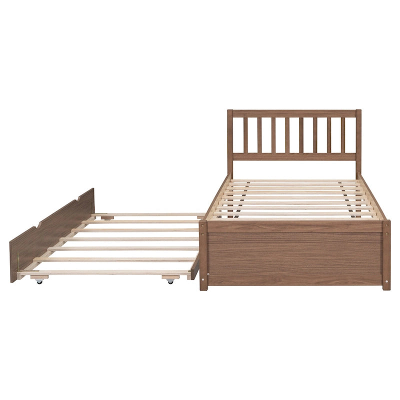 Brown Walnut Wooden Twin Platform Bed with Trundle and Fence Headboard - Modern Space-Saving Design