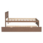 Brown Walnut Wooden Twin Platform Bed with Trundle and Fence Headboard - Modern Space-Saving Design