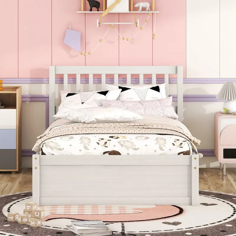 White Walnut Rubberwood Twin Platform Bed with Trundle, Sleek Design, No Box Spring Needed