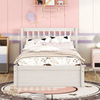 White Walnut Rubberwood Twin Platform Bed with Trundle, Sleek Design, No Box Spring Needed